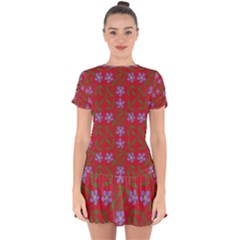 Red With Purple Flowers Drop Hem Mini Chiffon Dress by snowwhitegirl