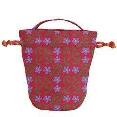 Red With Purple Flowers Drawstring Bucket Bag