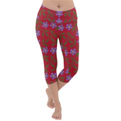 Red With Purple Flowers Lightweight Velour Capri Yoga Leggings by snowwhitegirl