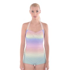 Balmy Pastel Seashore Boyleg Halter Swimsuit  by retrotoomoderndesigns