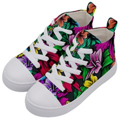 Neon Hibiscus Kids  Mid-top Canvas Sneakers