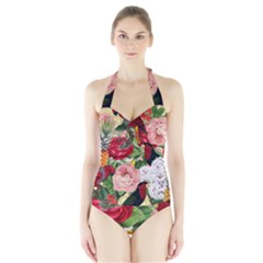 Tropical Bird Floral Halter Swimsuit by snowwhitegirl