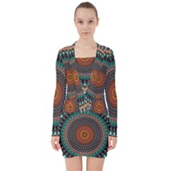 Ornament Circle Picture Colorful V-neck Bodycon Long Sleeve Dress by Pakrebo
