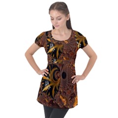 Fractal Brown Golden Intensive Puff Sleeve Tunic Top by Pakrebo