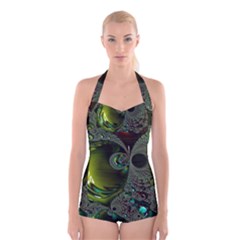 Fractal Intensive Green Olive Boyleg Halter Swimsuit  by Pakrebo