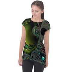 Fractal Intensive Green Olive Cap Sleeve High Low Top