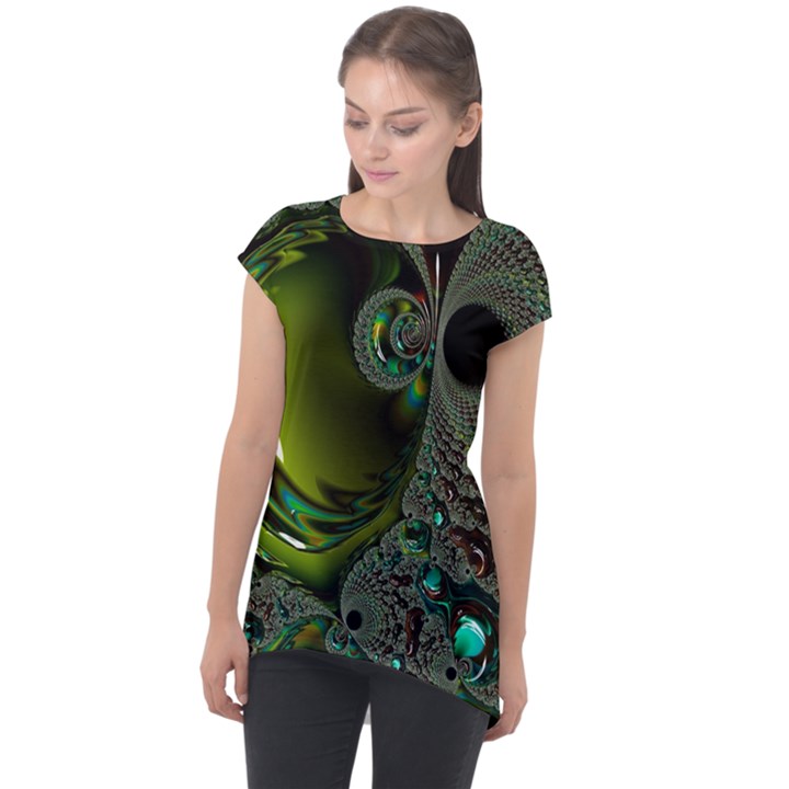 Fractal Intensive Green Olive Cap Sleeve High Low Top