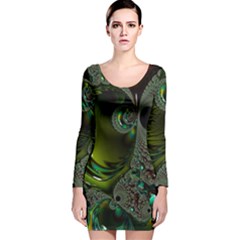 Fractal Intensive Green Olive Long Sleeve Velvet Bodycon Dress by Pakrebo