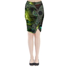 Fractal Intensive Green Olive Midi Wrap Pencil Skirt by Pakrebo