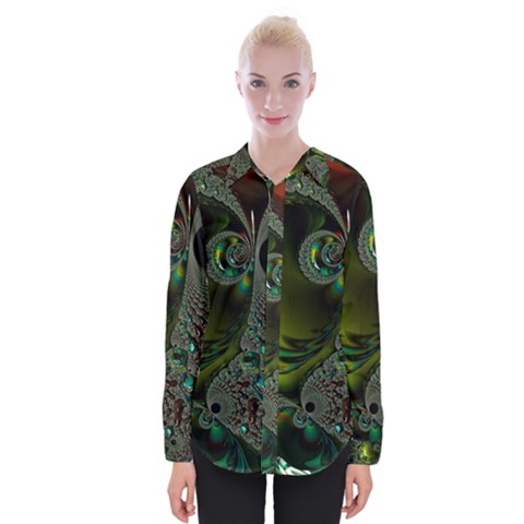 Fractal Intensive Green Olive Womens Long Sleeve Shirt by Pakrebo