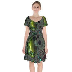 Fractal Intensive Green Olive Short Sleeve Bardot Dress by Pakrebo