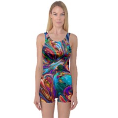 Seamless Abstract Colorful Tile One Piece Boyleg Swimsuit