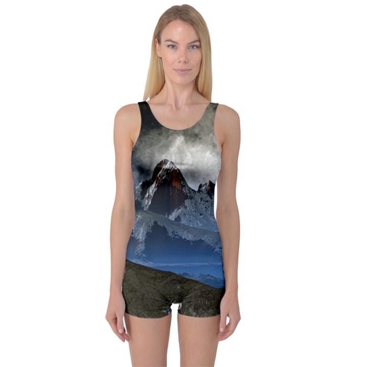 Mountains Moon Earth Space One Piece Boyleg Swimsuit