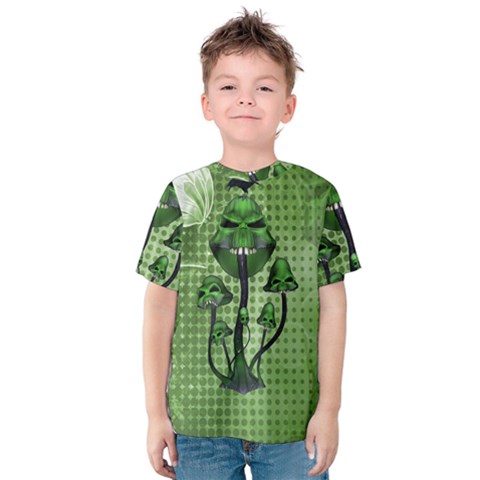 Funny Mushroom Skulls With Crow And Butterflies Kids  Cotton Tee by FantasyWorld7