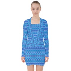 Stunning Luminous Blue Micropattern Magic V-neck Bodycon Long Sleeve Dress by beautyskulls