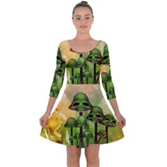 Awesome Funny Mushroom Skulls With Roses And Fire Quarter Sleeve Skater Dress by FantasyWorld7