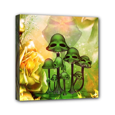 Awesome Funny Mushroom Skulls With Roses And Fire Mini Canvas 6  X 6  (stretched) by FantasyWorld7