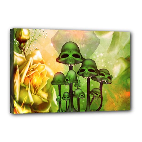 Awesome Funny Mushroom Skulls With Roses And Fire Canvas 18  X 12  (stretched) by FantasyWorld7