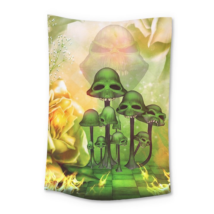Awesome Funny Mushroom Skulls With Roses And Fire Small Tapestry