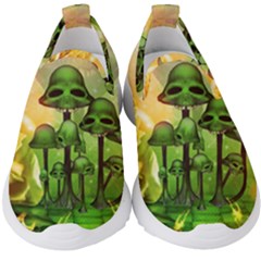 Awesome Funny Mushroom Skulls With Roses And Fire Kids  Slip On Sneakers by FantasyWorld7