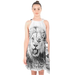 Lion Wildlife Art And Illustration Pencil Halter Collar Waist Tie Chiffon Dress by Sudhe