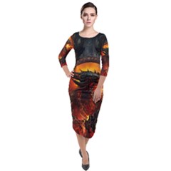 Dragon Legend Art Fire Digital Fantasy Quarter Sleeve Midi Velour Bodycon Dress