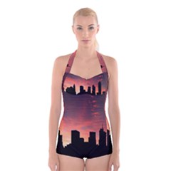 Skyline Panoramic City Architecture Boyleg Halter Swimsuit 