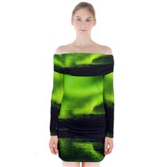 Aurora Borealis Northern Lights Sky Long Sleeve Off Shoulder Dress by Sudhe