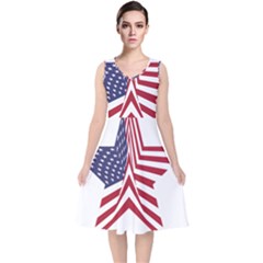 A Star With An American Flag Pattern V-neck Midi Sleeveless Dress  by Sudhe