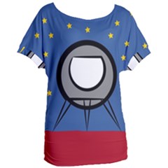 A Rocket Ship Sits On A Red Planet With Gold Stars In The Background Women s Oversized Tee by Sudhe