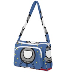 A Rocket Ship Sits On A Red Planet With Gold Stars In The Background Front Pocket Crossbody Bag by Sudhe