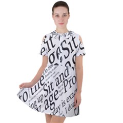 Abstract Minimalistic Text Typography Grayscale Focused Into Newspaper Short Sleeve Shoulder Cut Out Dress 