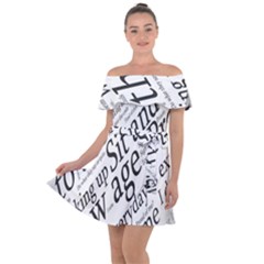 Abstract Minimalistic Text Typography Grayscale Focused Into Newspaper Off Shoulder Velour Dress