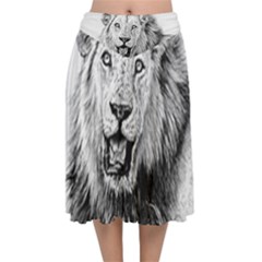 Lion Wildlife Art And Illustration Pencil Velvet Flared Midi Skirt by Sudhe