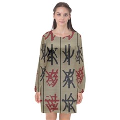Ancient Chinese Secrets Characters Long Sleeve Chiffon Shift Dress  by Sudhe