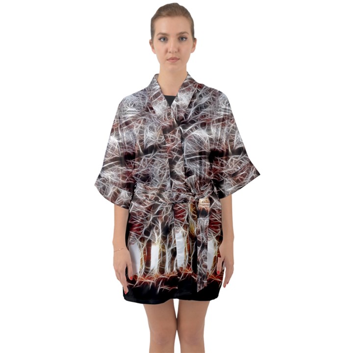 Autumn Fractal Forest Background Quarter Sleeve Kimono Robe