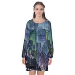 City Night Landmark Long Sleeve Chiffon Shift Dress  by Sudhe