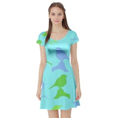 Bird Watching - Light Blue Green- Short Sleeve Skater Dress by WensdaiAmbrose