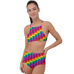 Rainbow 3d Cubes Red Orange High Waist Tankini Set by Sudhe