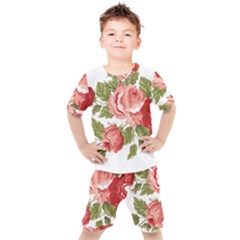 Flower Rose Pink Red Romantic Kids  Tee And Shorts Set by Sudhe