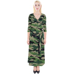 Green Military Vector Pattern Texture Quarter Sleeve Wrap Maxi Dress by Sudhe