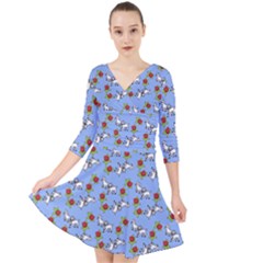 Lamb Pattern Blue Quarter Sleeve Front Wrap Dress