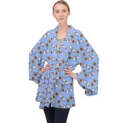 Lamb Pattern Blue Velvet Kimono Robe