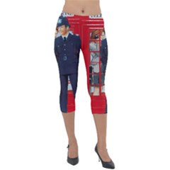 Red London Phone Boxes Lightweight Velour Capri Leggings  by Sudhe