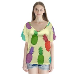 Colorful Pineapples Wallpaper Background V-neck Flutter Sleeve Top by Sudhe