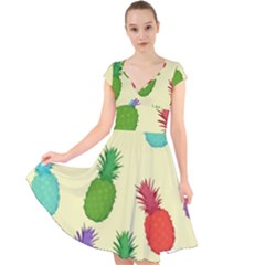 Colorful Pineapples Wallpaper Background Cap Sleeve Front Wrap Midi Dress by Sudhe
