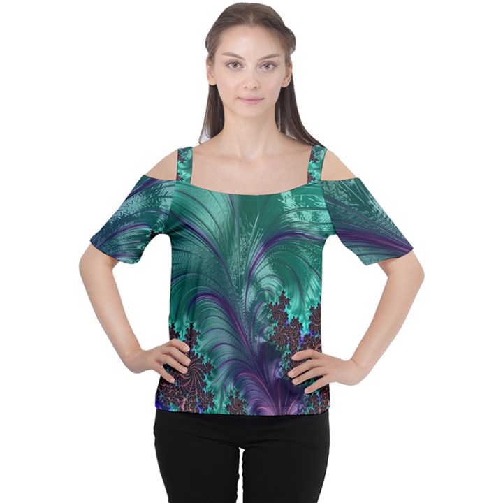 Fractal Turquoise Feather Swirl Cutout Shoulder Tee