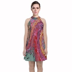 Color Rainbow Abstract Flow Merge Velvet Halter Neckline Dress  by Sudhe