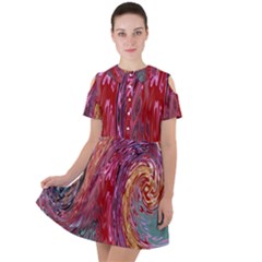 Color Rainbow Abstract Flow Merge Short Sleeve Shoulder Cut Out Dress  by Sudhe