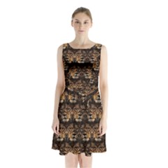 Lion Face Sleeveless Waist Tie Chiffon Dress